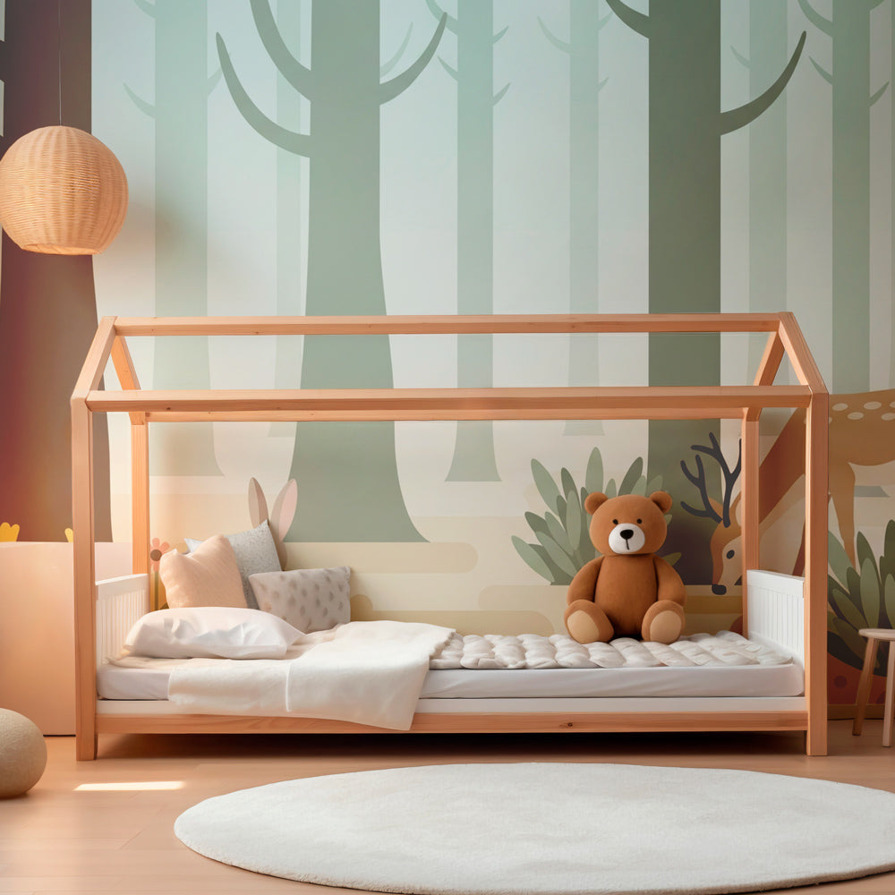 Woodland deer and rabbit mural wallpaper creating peaceful children's bedroom decor