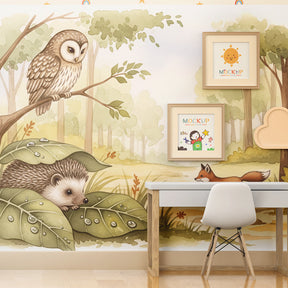 Enchanted woodland mural wallpaper creating magical kids bedroom atmosphere with owl and hedgehog
