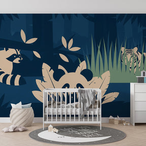 Nocturnal forest wildlife wallpaper creating magical kids bedroom with blue beige woodland theme