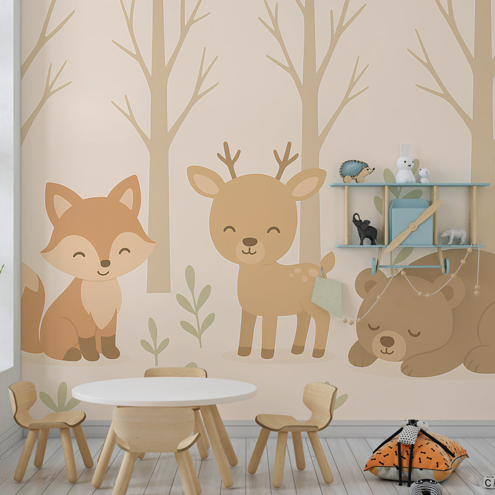 Woodland creatures wallpaper creating magical kids bedroom decor with natural wood furniture