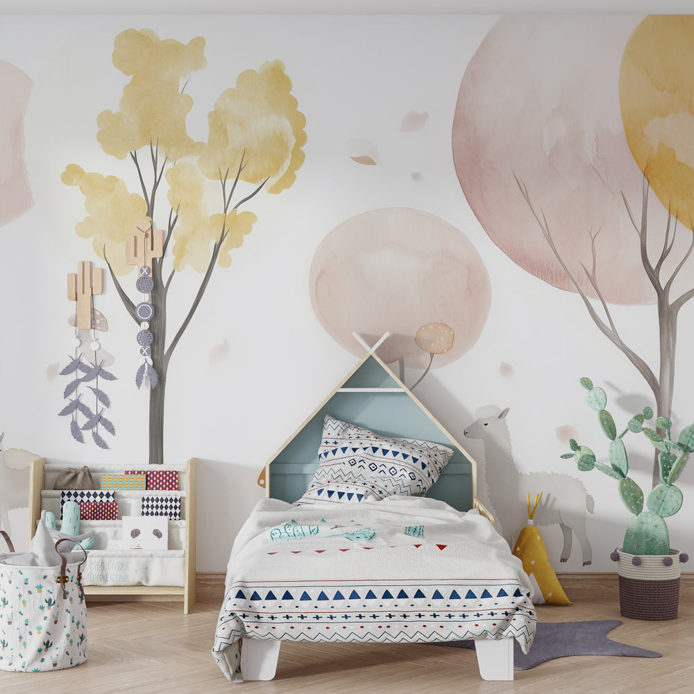 Enchanted forest wallpaper creating magical woodland atmosphere in children's bedroom