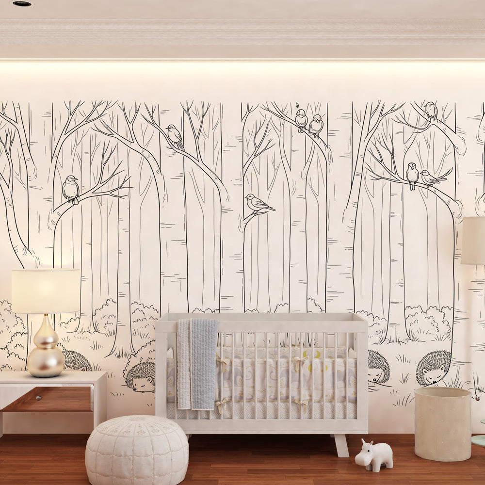 Woodland hedgehogs and birds wallpaper creating peaceful atmosphere in children's bedroom