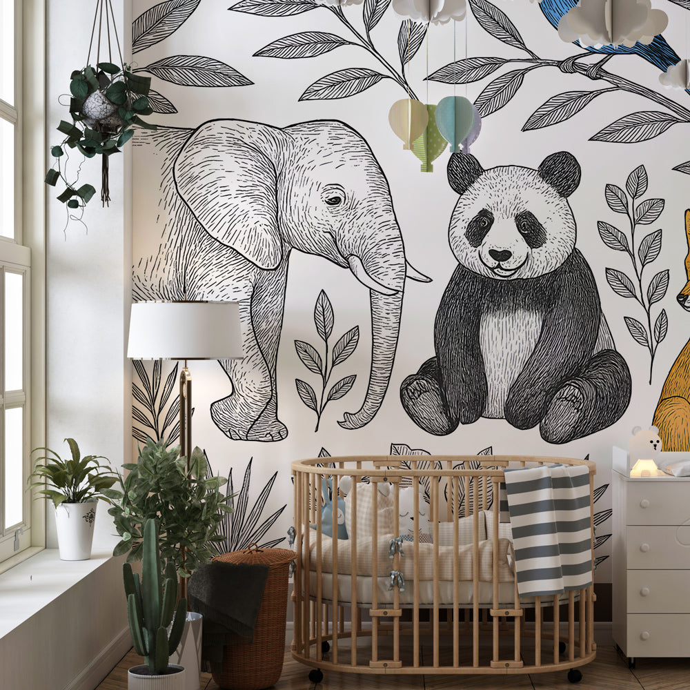 Black and white forest animals wallpaper creating educational kids bedroom decor with elephant and panda