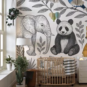 Black and white forest animals wallpaper creating educational kids bedroom decor with elephant and panda