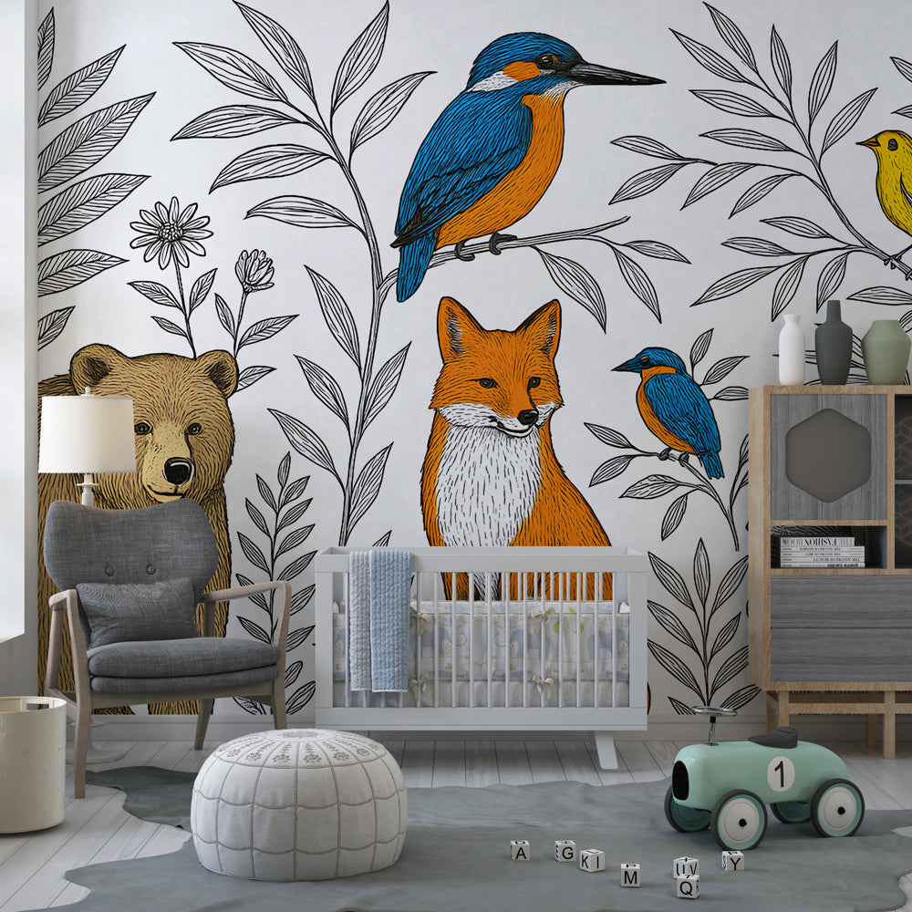 Woodland safari wallpaper creating magical children's bedroom decor with natural furniture