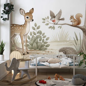 Magical woodland scene mural wallpaper creating enchanted forest atmosphere in children's bedroom