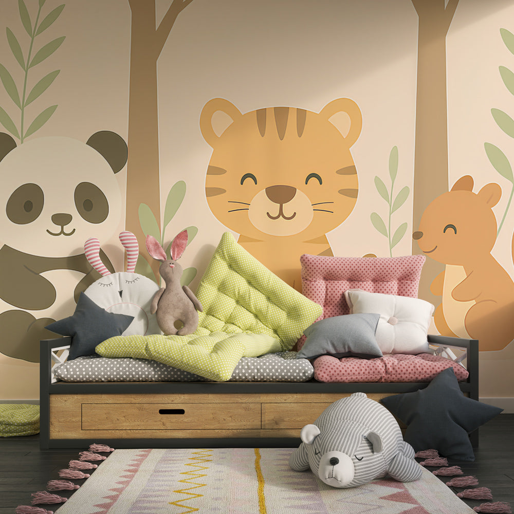 Woodland creatures wallpaper creating peaceful kids bedroom decor with natural wood furniture