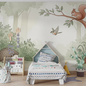 Enchanted woodland mural wallpaper creating peaceful atmosphere in children's bedroom