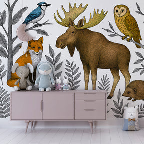 Wildlife nature wallpaper creating woodland themed kids bedroom with natural wooden furniture