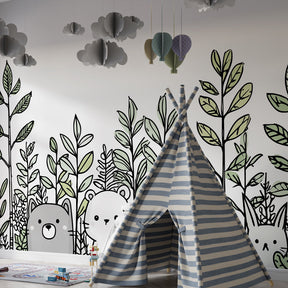 Forest animals wallpaper creating peaceful kids bedroom atmosphere with natural wood furniture
