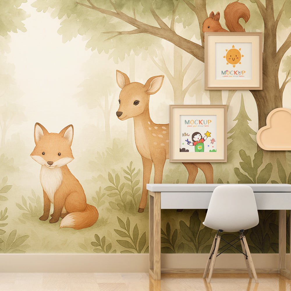 Gentle woodland animals wallpaper transforming modern kids bedroom into forest sanctuary