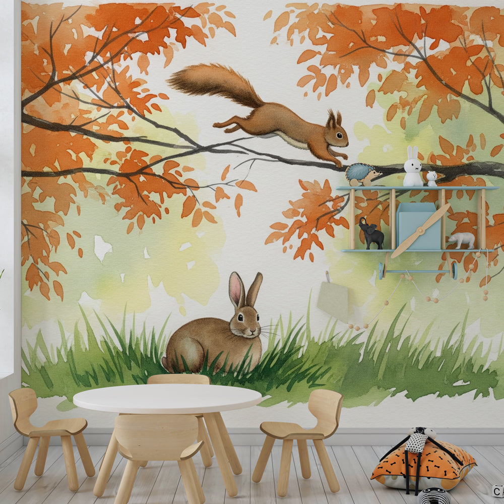 Autumn woodland animal wallpaper creating magical children's bedroom atmosphere with natural elements