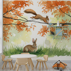 Autumn woodland animal wallpaper creating magical children's bedroom atmosphere with natural elements