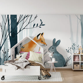 Woodland fox and rabbit wallpaper creating magical atmosphere in children's bedroom