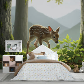 Enchanted woodland deer wallpaper creating magical kids bedroom atmosphere with soft lighting