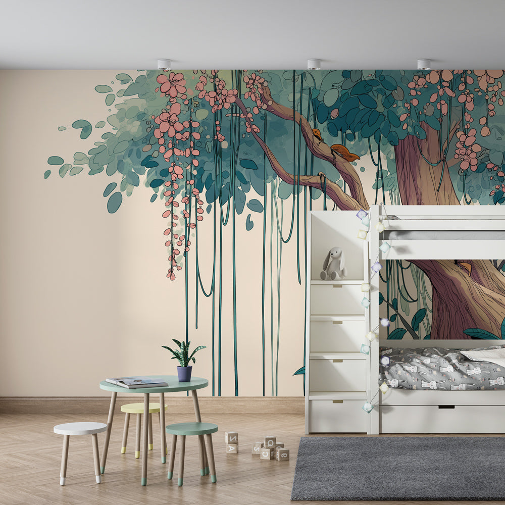 Woodland theme mural wallpaper creating magical children's bedroom atmosphere with nature colors