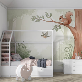 Woodland animals wallpaper with natural green tones perfect for baby room decor