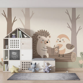 Charming hedgehog bird wallpaper complementing natural wood furniture in kids room