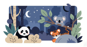 Detailed nocturnal forest animals mural wallpaper design pattern with panda tiger koala by Kids-Mundo