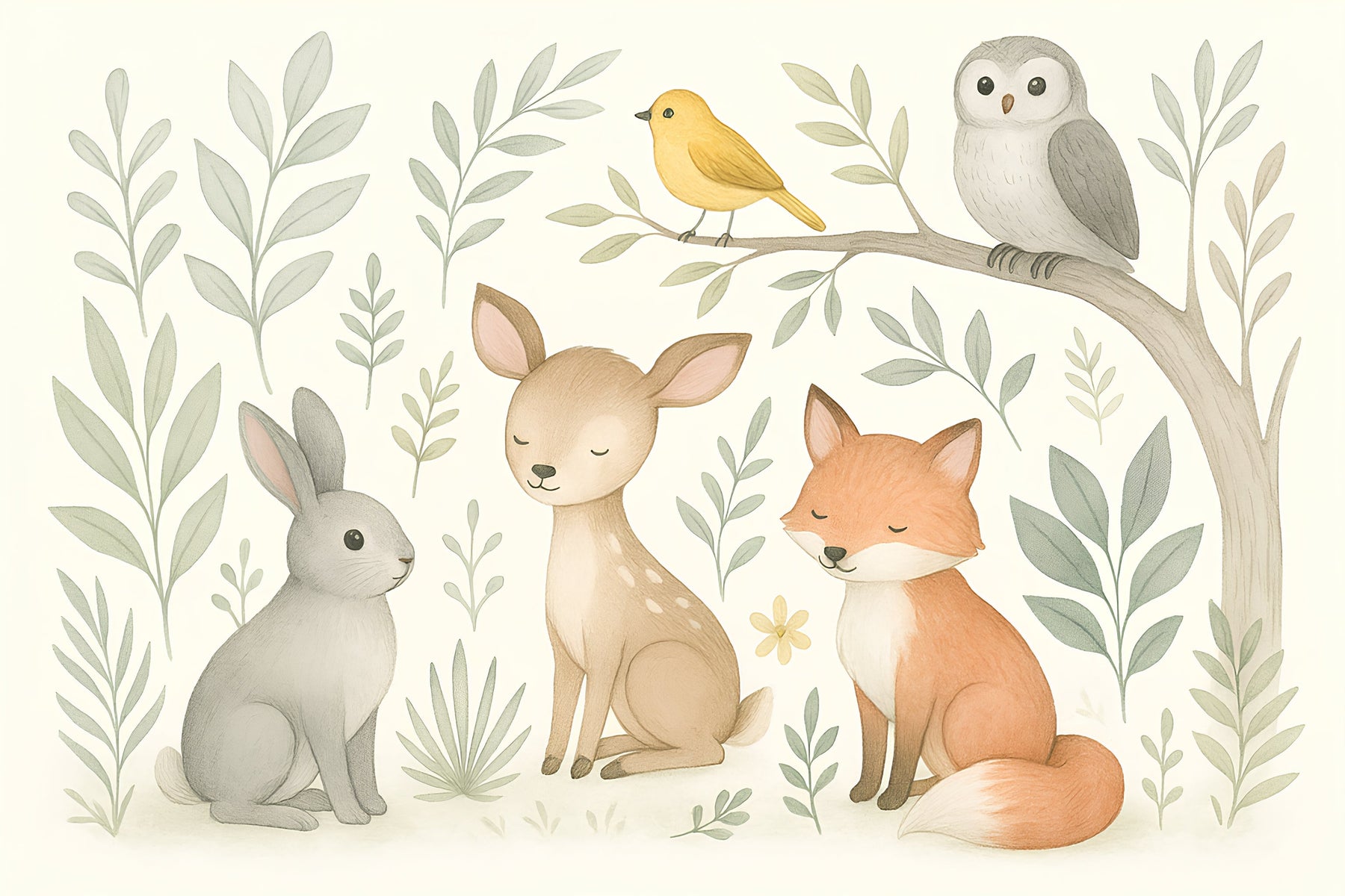 Detailed forest animals mural wallpaper design pattern showing rabbit, fawn, fox and bird by Kids-Mundo