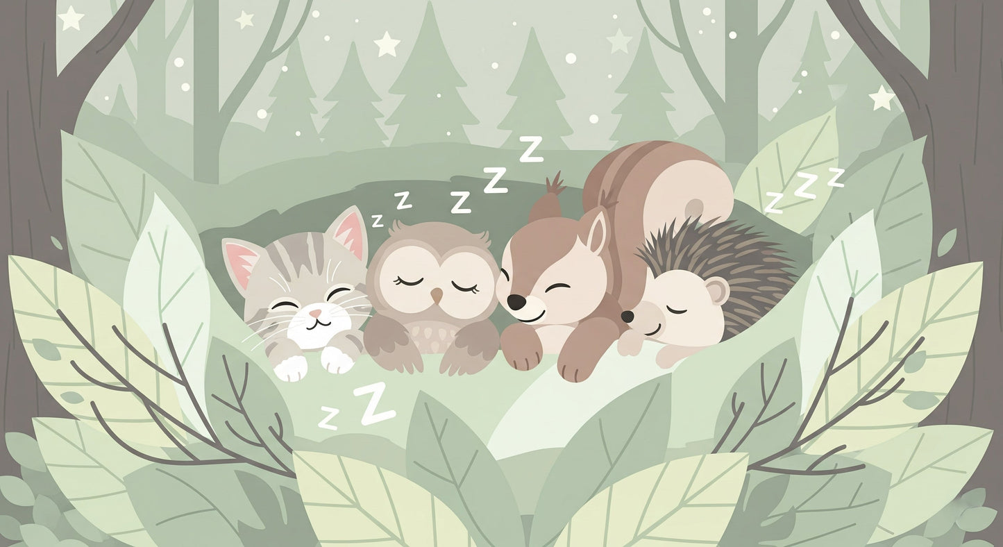 Detailed sleeping forest animals mural wallpaper design pattern featuring woodland creatures by Kids-Mundo