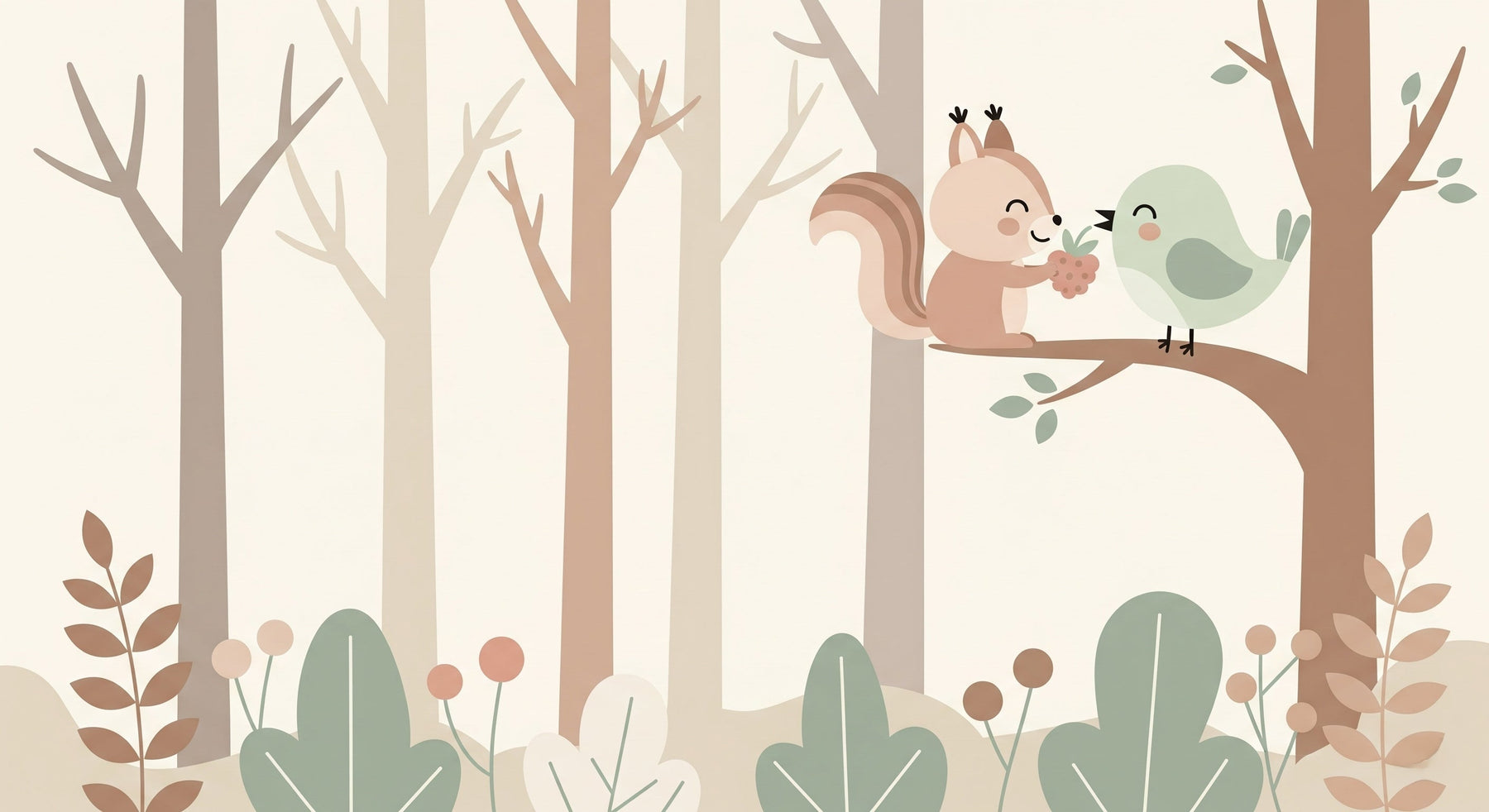 Detailed forest animals mural wallpaper design pattern with squirrel and bird by Kids-Mundo