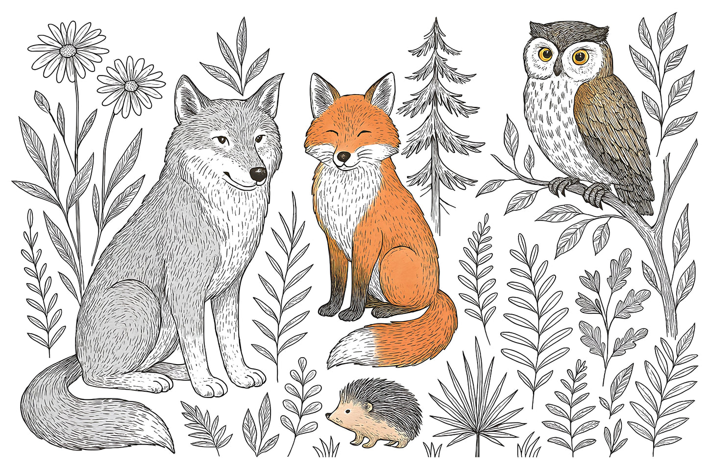 Detailed forest animals mural wallpaper design pattern showing fox, wolf, owl and hedgehog by Kids-Mundo