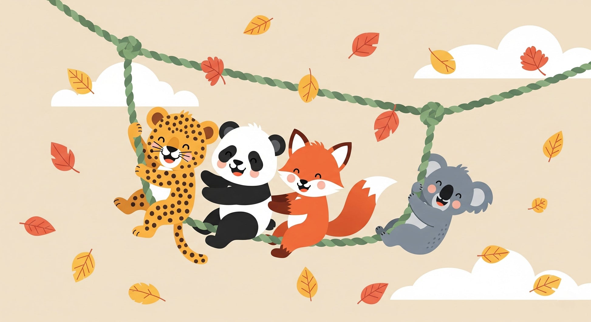 Detailed forest animals mural wallpaper design pattern showing woodland creatures on rope swing by Kids-Mundo