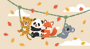 Detailed forest animals mural wallpaper design pattern showing woodland creatures on rope swing by Kids-Mundo