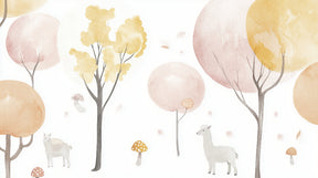 Detailed forest animals mural wallpaper design pattern with llamas and mushrooms by Kids-Mundo