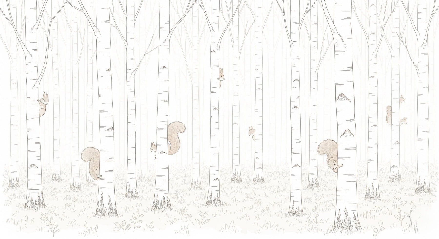 Detailed enchanted forest mural wallpaper design pattern with squirrels by Kids-Mundo