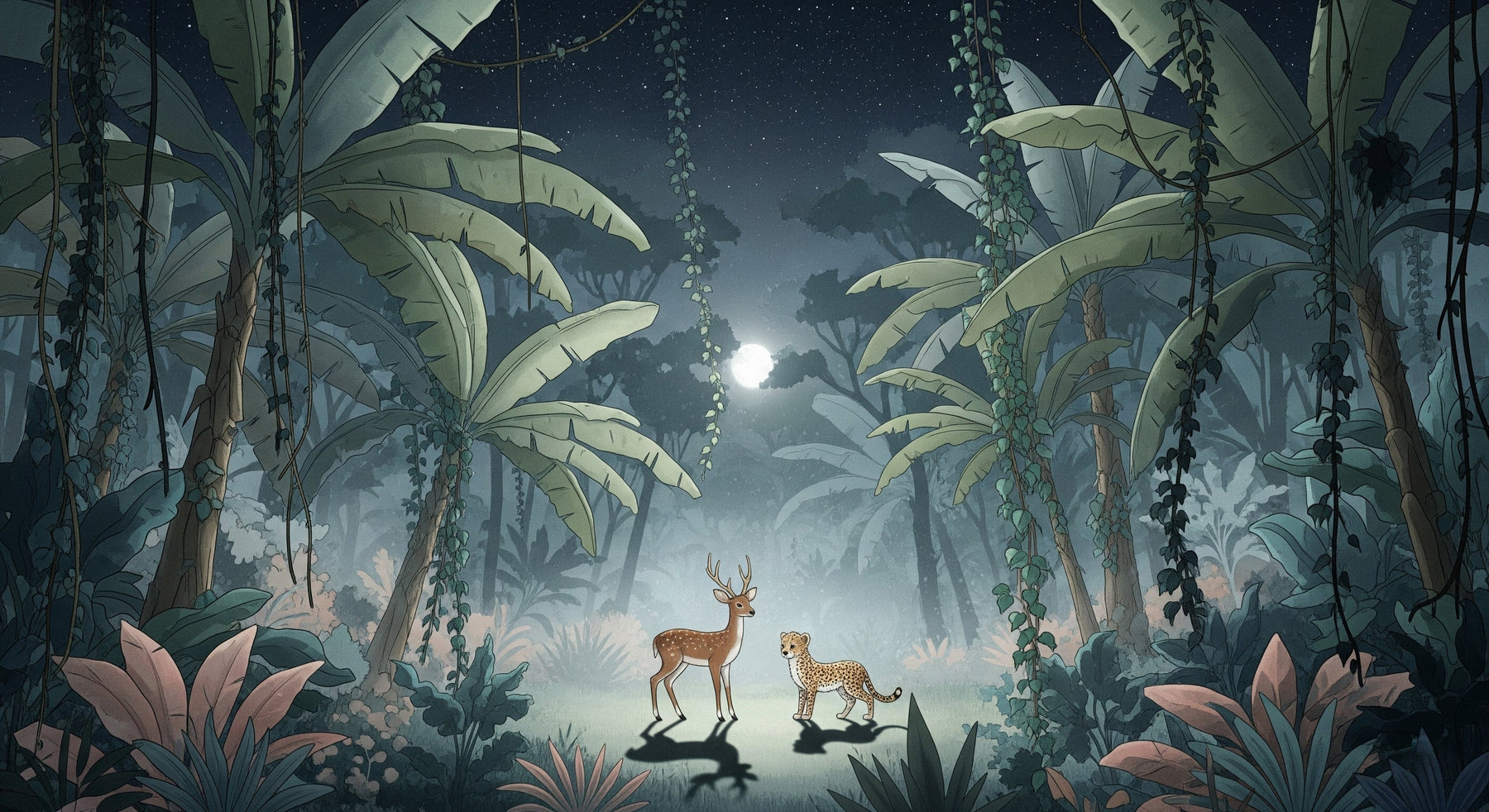 Detailed forest animals mural wallpaper design pattern with moonlight scene by Kids-Mundo