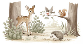 Detailed forest animals mural wallpaper design pattern showing fawn, squirrel and owl by Kids-Mundo