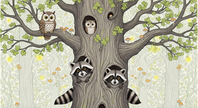 Detailed forest animals mural wallpaper design pattern with tree, raccoons and owl by Kids-Mundo