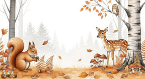 Detailed forest animals mural wallpaper design pattern showing squirrel and deer artwork by Kids-Mundo