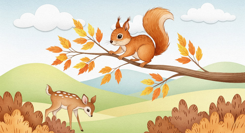 Detailed forest animals mural wallpaper design pattern featuring squirrel and fawn by Kids-Mundo