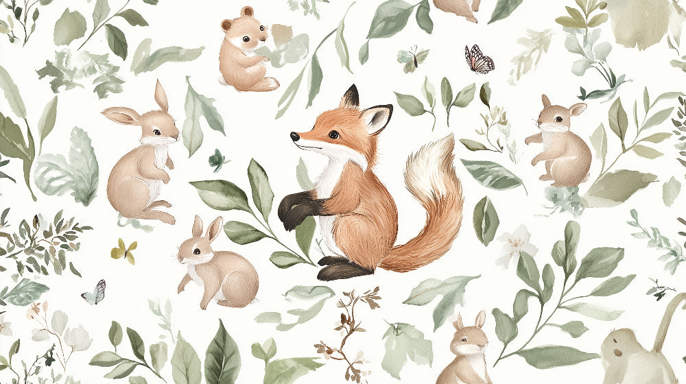 Detailed forest animals wallpaper design pattern with foxes and rabbits by Kids-Mundo