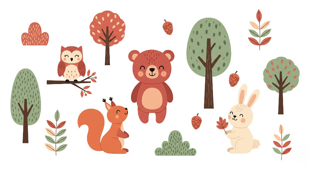 Detailed forest animals mural wallpaper design pattern featuring bear owl squirrel rabbit by Kids-Mundo