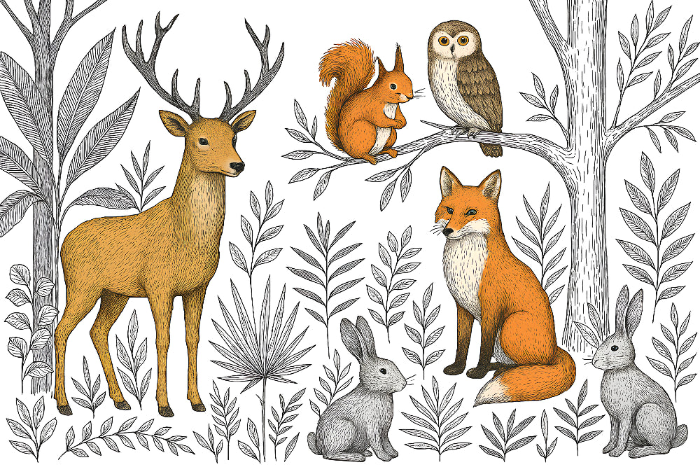 Detailed forest animals mural wallpaper design pattern featuring deer, owl, and woodland creatures by Kids-Mundo