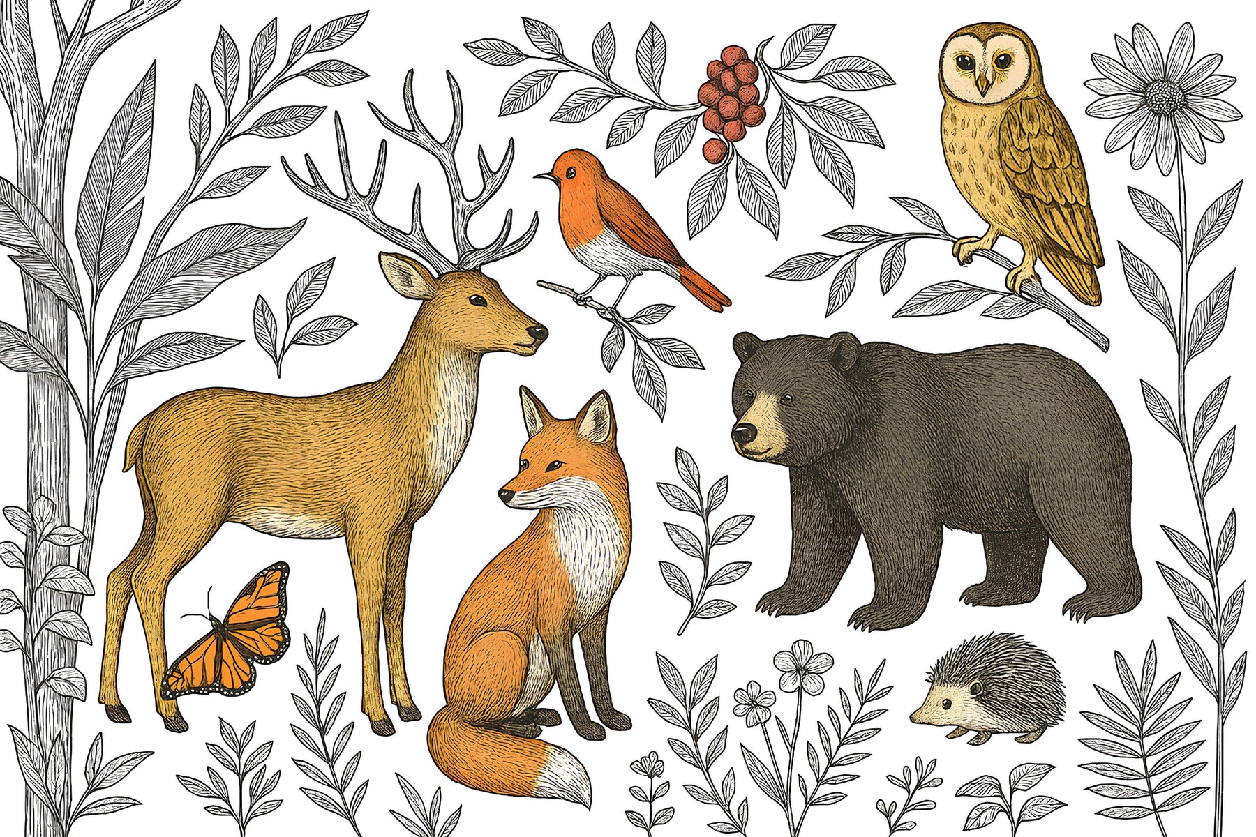 Detailed forest animals mural wallpaper design pattern with woodland creatures by Kids-Mundo