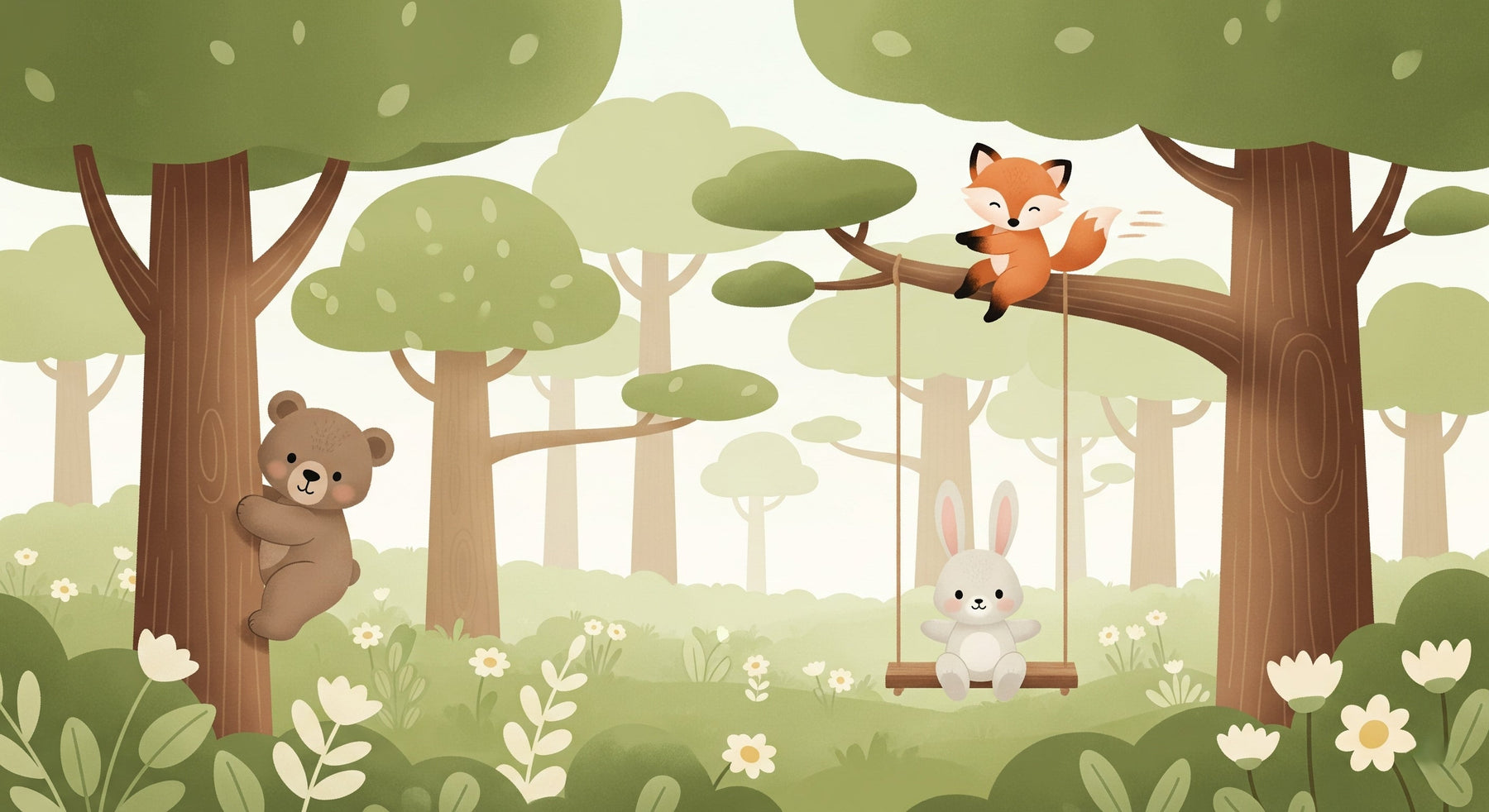Detailed forest animals mural wallpaper design pattern showing bear, fox and bunny by Kids-Mundo