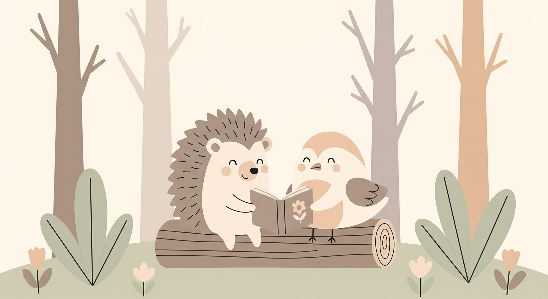 Detailed forest animals mural wallpaper design pattern with hedgehog and bird by Kids-Mundo
