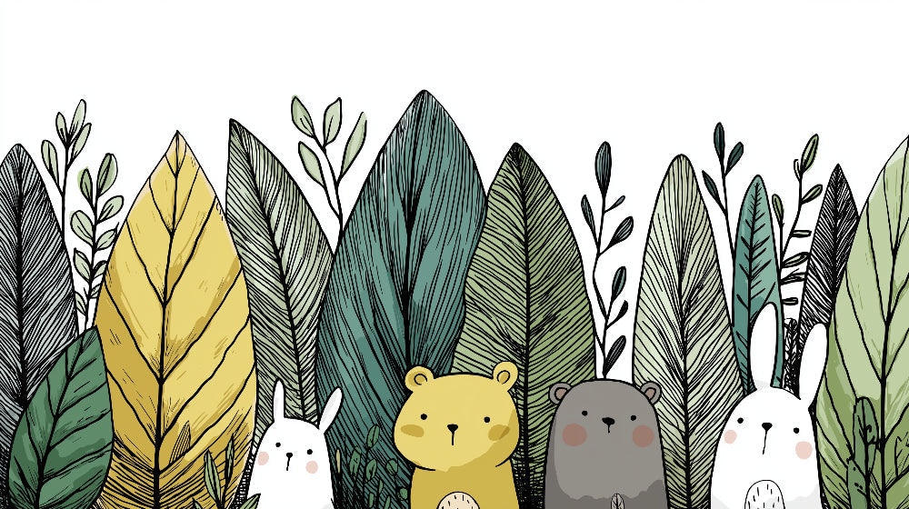 Detailed forest animals mural wallpaper design pattern with bear rabbit and foliage by Kids-Mundo