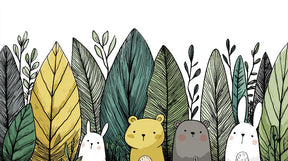 Detailed forest animals mural wallpaper design pattern with bear rabbit and foliage by Kids-Mundo
