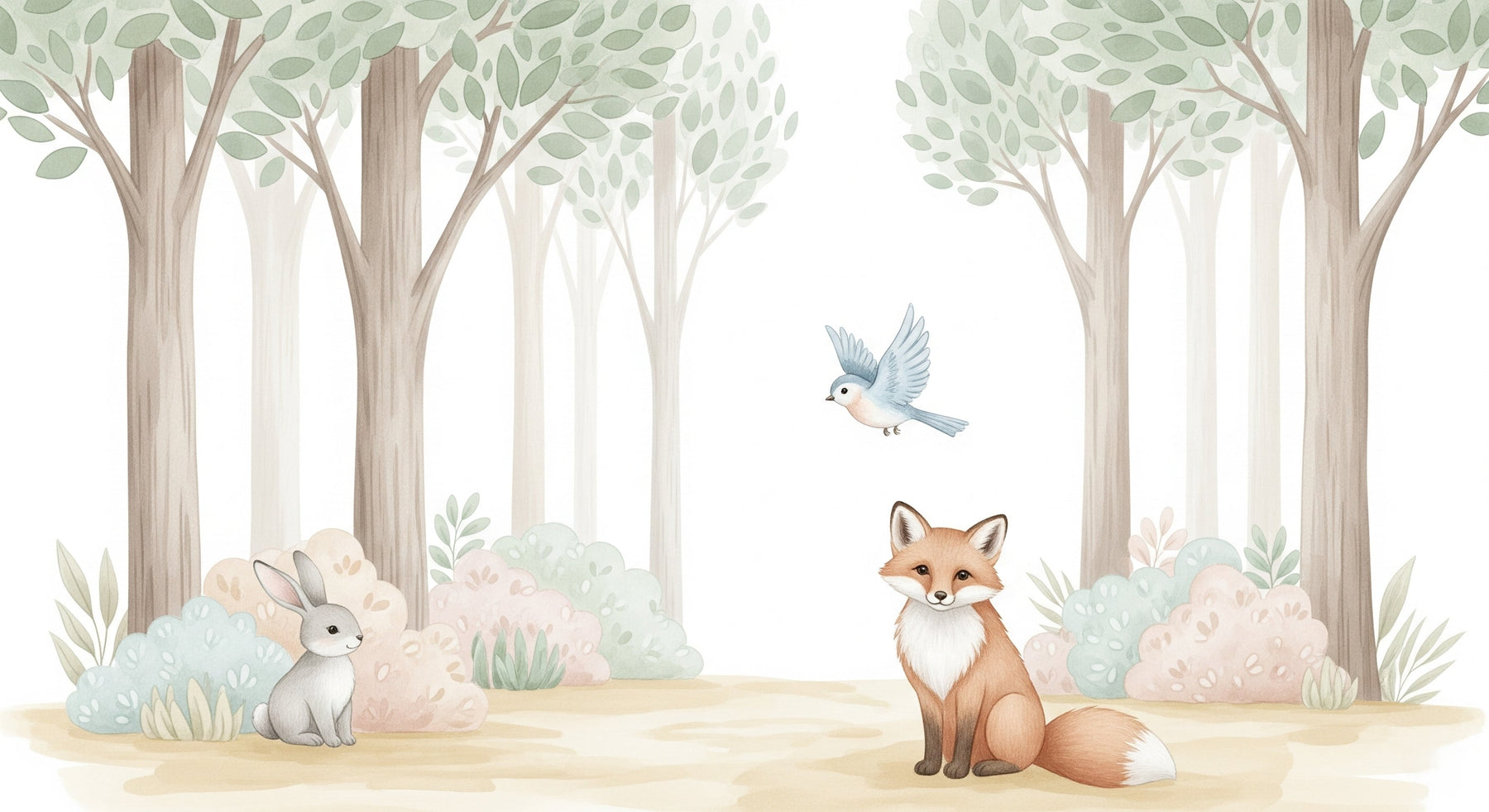 Detailed forest animals mural wallpaper design pattern showing fox rabbit and bird by Kids-Mundo