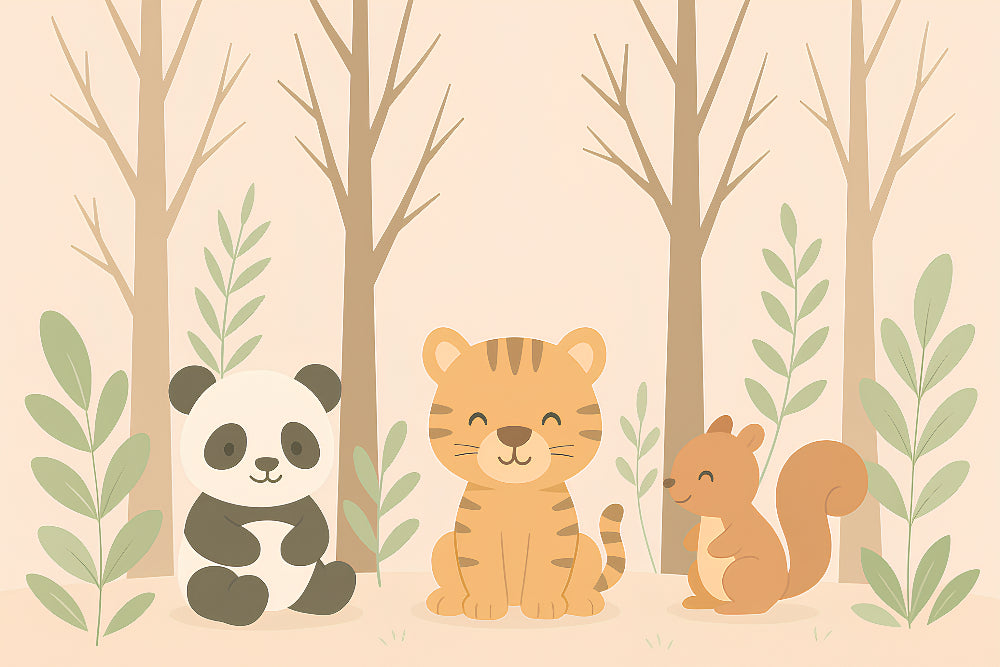 Detailed forest animals mural wallpaper design pattern showing panda tiger squirrel by Kids-Mundo