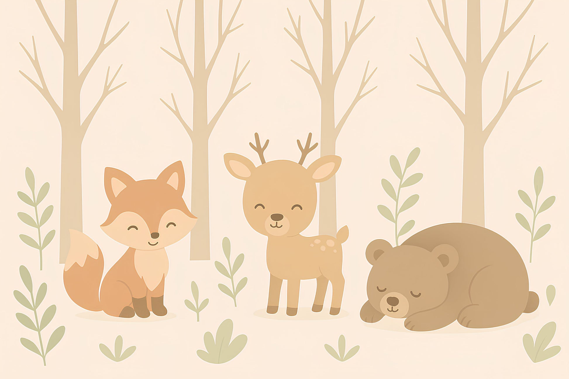 Detailed forest animals mural wallpaper design pattern showing woodland creatures by Kids-Mundo