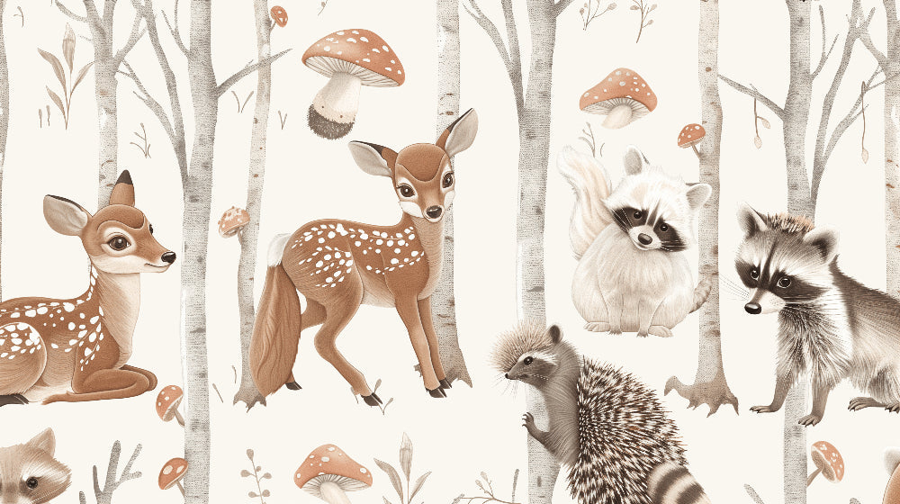 Detailed forest animals mural wallpaper design pattern with birch trees and woodland creatures by Kids-Mundo