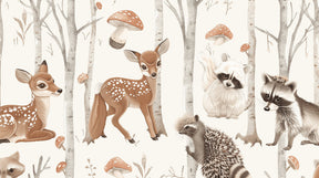 Detailed forest animals mural wallpaper design pattern with birch trees and woodland creatures by Kids-Mundo