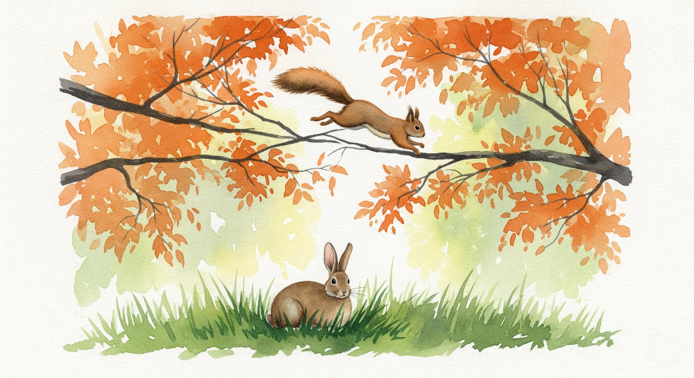 Detailed forest animals mural wallpaper design pattern featuring rabbit and squirrel in autumn setting by Kids-Mundo